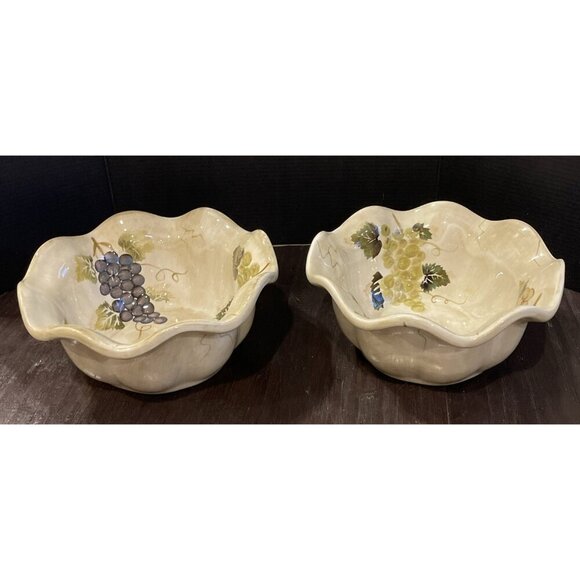 Tabletops Unlimited Cabernet Ruffle Edge Bowls Set Of 2 Grapes Hand Painted - Picture 1 of 5